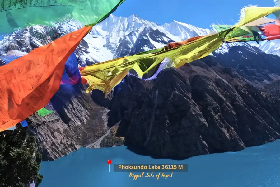 Vibrant prayer flags fluttering in the foreground, framing the stunning turquoise waters of Shey Phoksundo Lake (3611m), with dramatic mountains and snow-capped peaks in the background, a highlight of the Upper Dolpo trek near Ringmo Village.