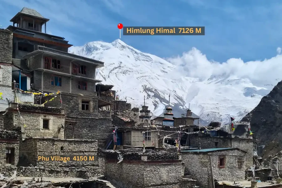Phu Village (4150m) in the Nar-Phu Valley, with its traditional stone buildings and stupas, set against the magnificent backdrop of the snow-capped Himlung Himal (7126m), a view from a remote Annapurna trek